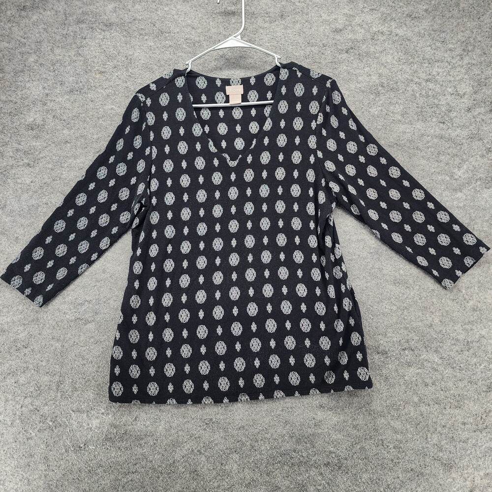 Chicos Shirt Womens 1 US Medium 3/4 Sleeve V Neck Black